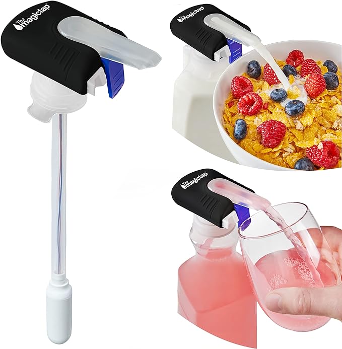 Magic Tap Automatic Drink Dispenser for Fridge, Black (1 Pack), No Spill Milk Dispenser for Fridge, Automatic Milk Dispenser Pump for Gallon Jugs, Water & Juice, Fits Most Bottles, Batteries Required