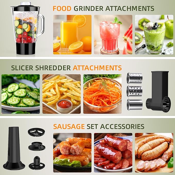 CHeflee Multifunctional Stand Mixer,660W, 6.5QT With Meat Grinder, Vegetable Slicer &1.5L Juice Blender,for Most Home Cooks,Black