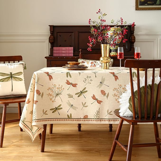 ISAENNE Designer Floral Linen Extra Long Rectangle Table Cloth,French Off White Elegant Tablecloth,Washable Home Decor Tablecloths for Dining Thanksgiving Kitchen Christmas,67"*118"-Grace B