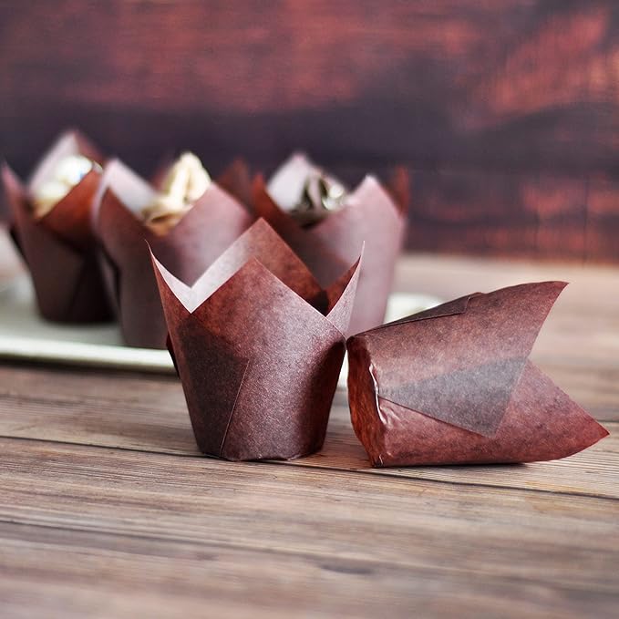 Large size White+Brown Tulip Baking Cups 2-1/4"(Base diameter) x 4"(Wall height) Greaseproof paper baking cupcake Muffin liners, Case of 130 pcs