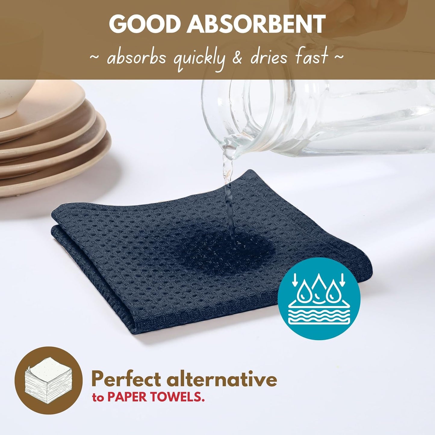 Native Fab Cotton Kitchen Towel with Hanging Loop 16x26 inches, 12-Pack, Waffle Weave Kitchen Towels for Cleaning Drying, Washcloths Soft & Absorbent Cloth Rags, Bar Towel, Dish Cloth, Navy