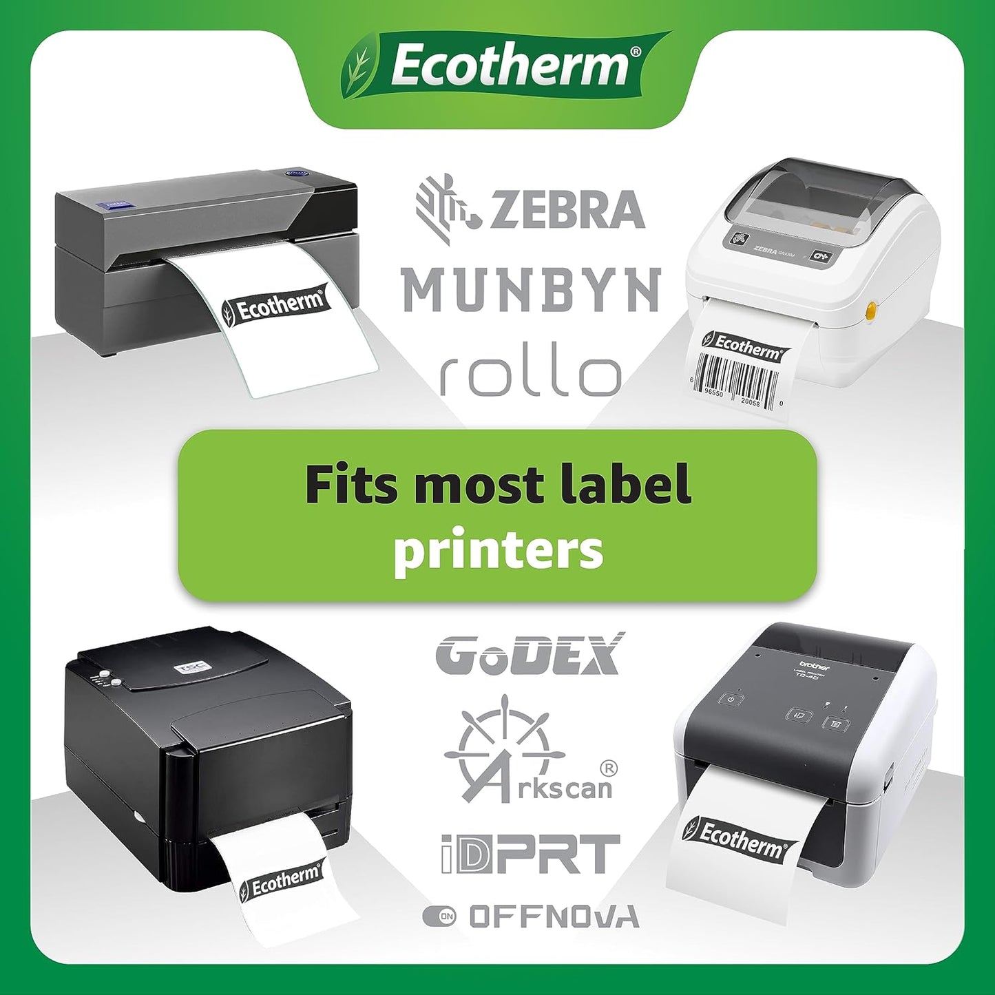 2.25" x 2.5" Thermal Labels | 4 Rolls | 2400 Labels | fits Zebra, Munbyn, Rollo, Godex, Arkscan, iDPRT, Offnova Thermal Label Printers and More | Blank White Adhesive Stickers by Ecotherm
