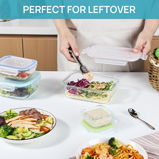 Vtopmart 8 Pack Glass Food Storage Containers with Airtight Lids, Glass Meal Prep Containers, Lunch Containers for Microwave, Oven, Freezer and Dishwasher, BPA Free