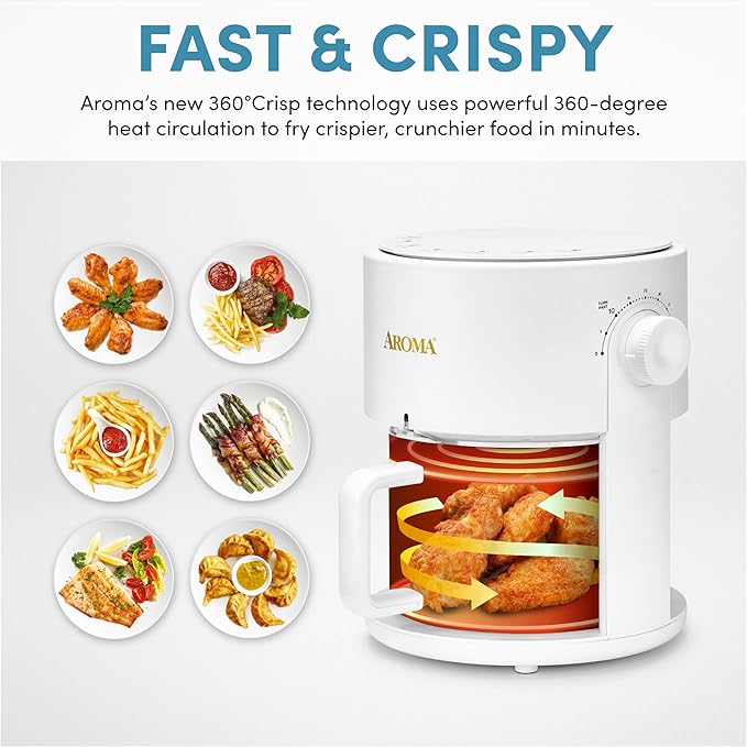 AROMA® Glass Air Fryer and Countertop Convection Oven with Powerful 360Crispy™ Technology (3 Quart), White