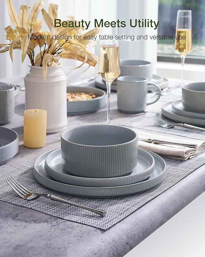 Famiware Star Dinnerware Set, Plates and Bowls Sets for 4 (12pcs), Ribbed Stoneware Dishes - Chip & Scratch Resistant, Microwave & Dishwasher Safe, Matte Gray