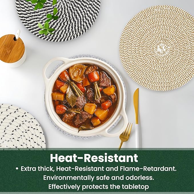 8 Inch Trivets for Hot Dishes, Hot Pots and Pans, Thick Heat Resistant Large Coaster for Kitchen, Hot Pads, Kitchen Essentials, Kitchen Decor for Table & Countertop with Storage Basket, 5 Pcs
