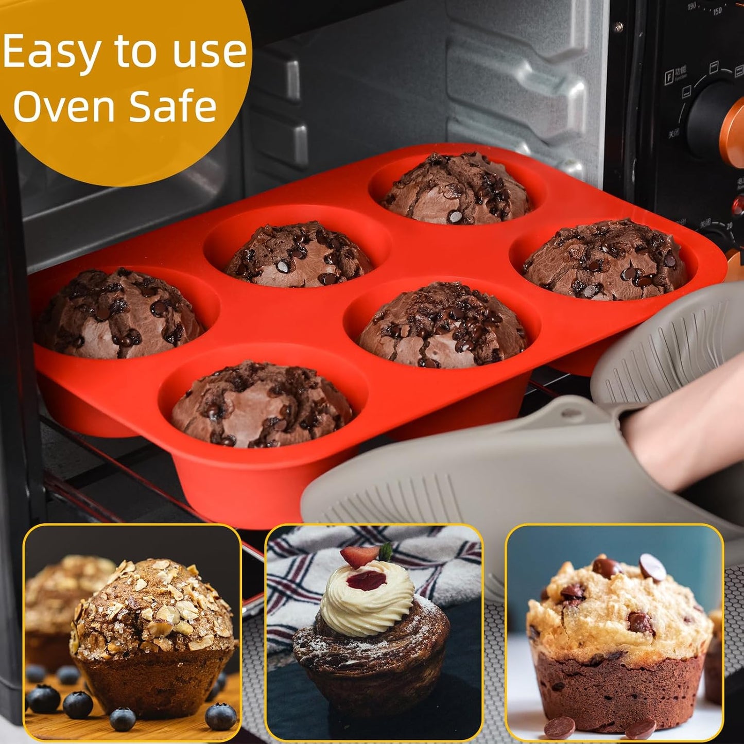 CAKETIME Silicone Muffin Pan Set - Mini 24 Cups, Regular 12 Cups Cupcake Pan, Jumbo 6 Cups Muffin Pan Silicone Bakeware for Baking Set of 3