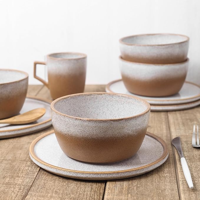 Stone Lain Vince Rustic Stoneware Reactive Glaze Dinnerware Set, Service for 4, Brown, 16 Piece