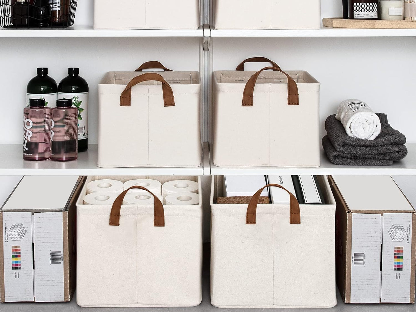 StorageWorks Storage Baskets for Shelves with Metal Frame, Organizing Bins, Fiber Shelf Baskets, Natural Color, 4-Pack