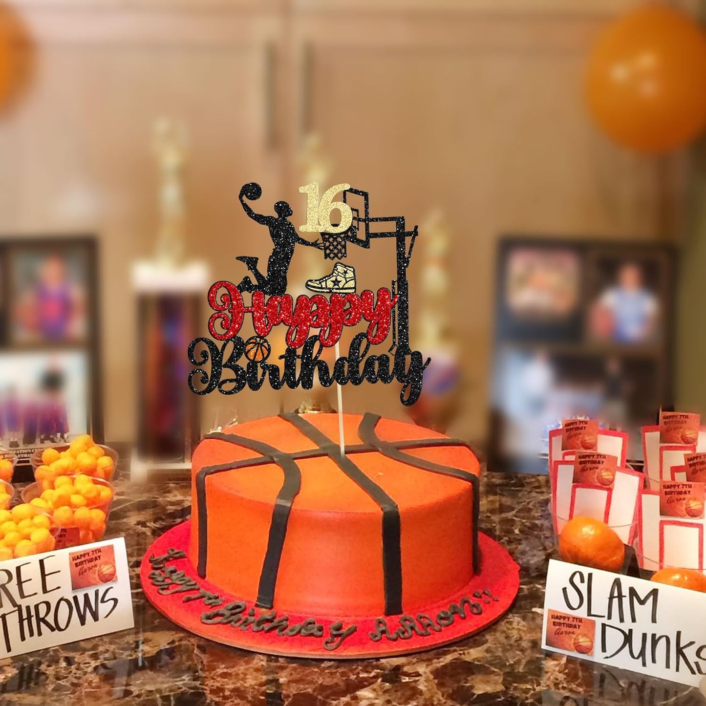 1Pc Cheers to 16 Years Birthday Cake Topper Glitter Hello 16 Sweet 16 Cake Pick Sixteen Years Old Birthday Cake Decoration for 16th Basketball Sports Party Supplies Black