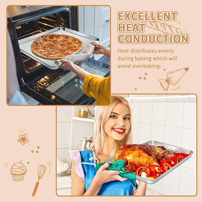 Stainless Steel Baking Sheet Set of 2, Deedro Cookie Sheet Metal Baking Pan Oven Tray, Non Toxic & Heavy Duty, Rust Free & Mirror Finish, Easy Clean & Dishwasher Safe, 20 x 14 x 1.3 Inch