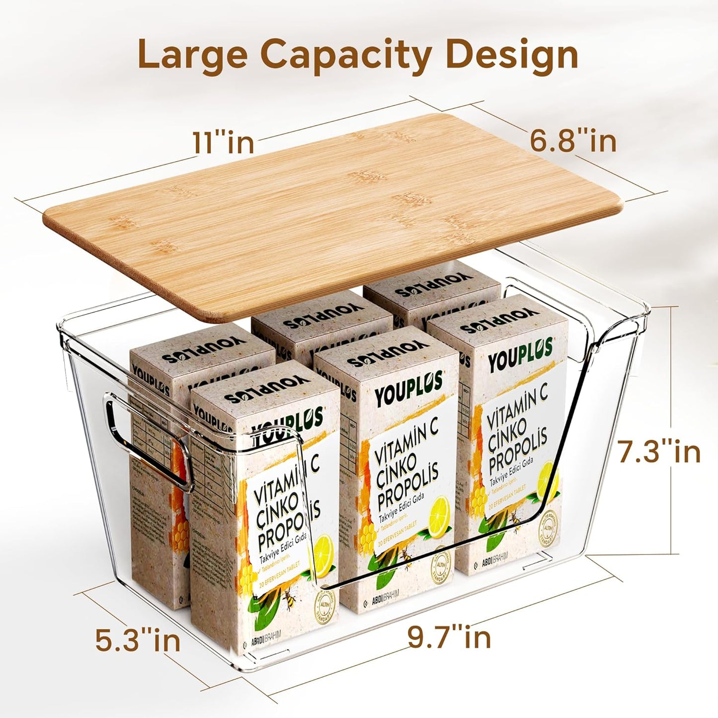 Criusia 2 Set Pantry Organizers and Storage with Bamboo Lids, Stackable Clear Bins for Onion, Potato, Fruit, Vegetables, Trash Bag Dispenser for Kitchen and Under Sink Organization
