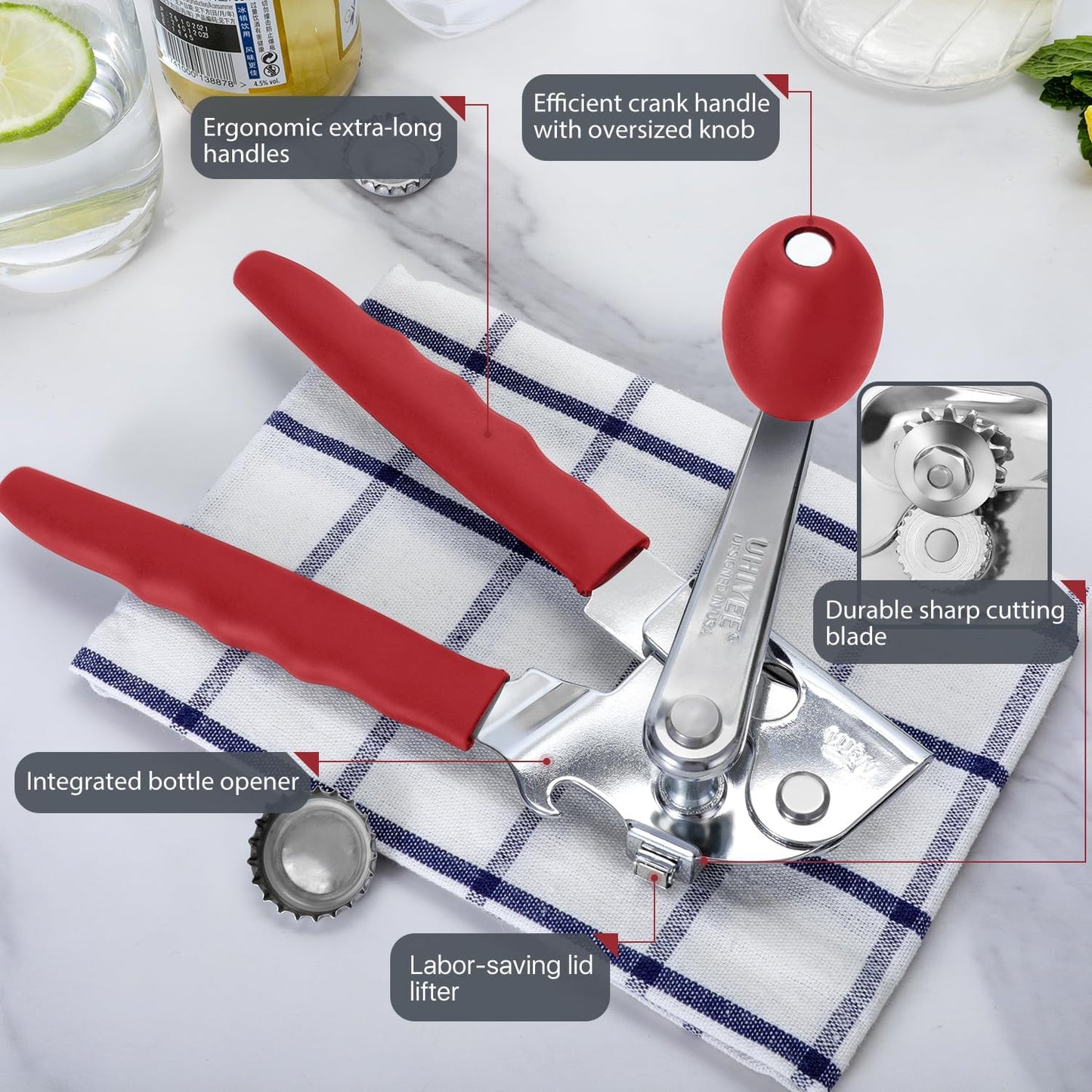Commercial Can Opener, UHIYEE Hand Crank Can Opener Manual Heavy Duty with Comfortable Extra-long Handles, Oversized Knob, Large Handheld Can Open Easy for Big Cans, Red