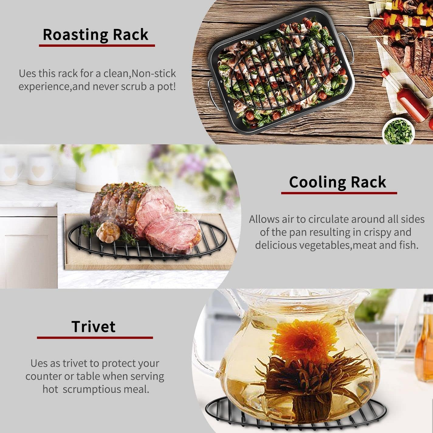 JY COOKMENT Roasting Rack with Integrated Feet, Cooling Drying Rack With Enameled Coating, PTFE Free, Great for Cooking, Roasting, Drying, Grilling, Dishwasher Safe (12.5"x8.5")