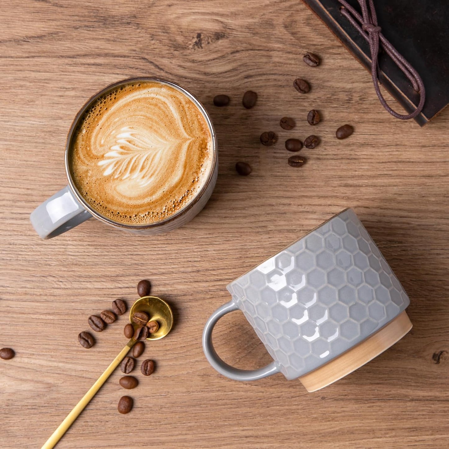 GBHOME 12OZ Stackable Coffee Mugs, Ceramic Coffee Mugs with Texture Patterns for Man,Woman,Dad,Mom, Modern Coffee Cups Set of 4 for Latte/Cappuccino/Cocoa. Dishwasher&Microwave Safe, Gray