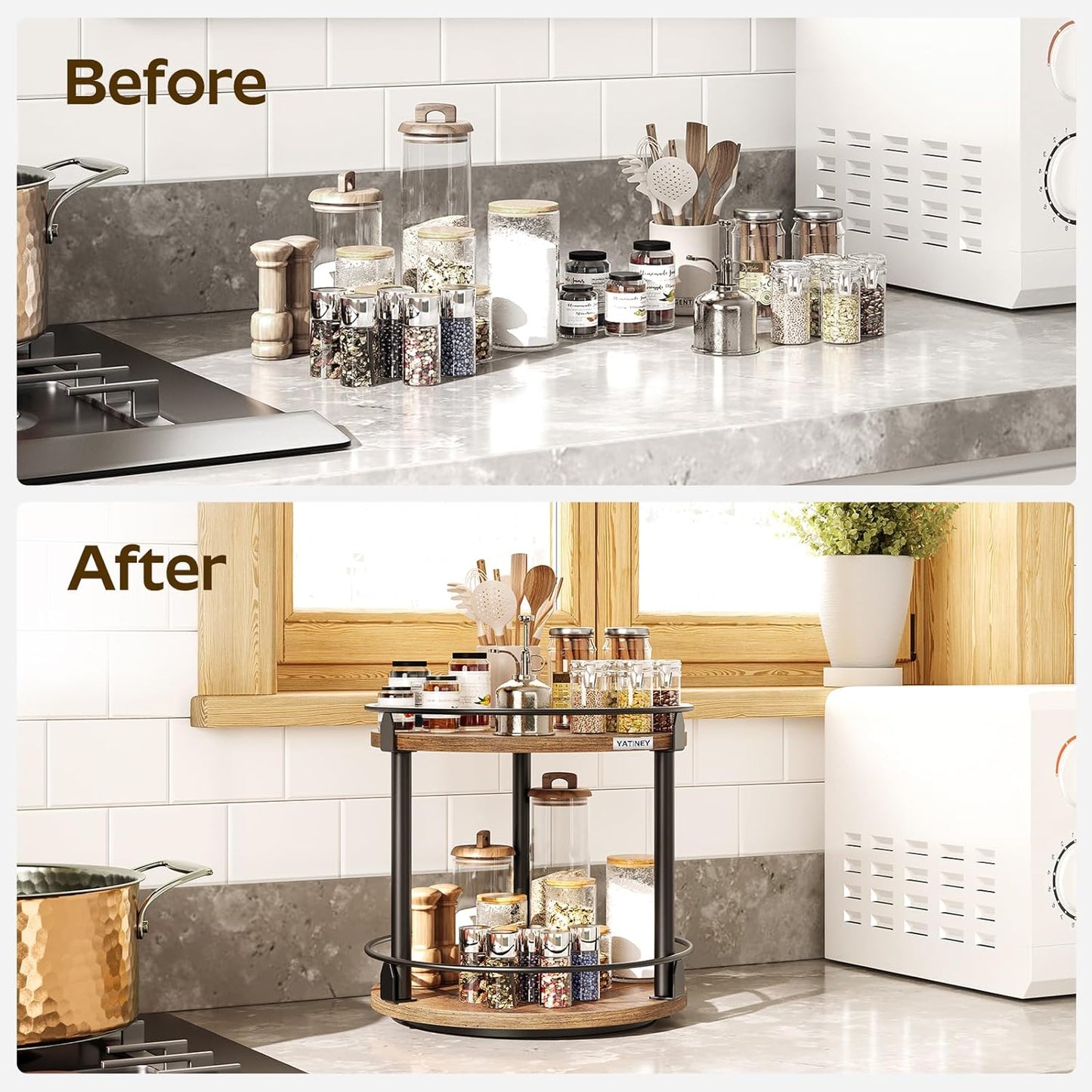 Lazy Susan Organizer, Rotating Spice Rack, 2 Tier Spice Turntable Organizer, Industrial Turntable Spice Holder, for Kitchen Countertop and Cabinet, Compact and Versatile, Rustic Brown SR22BR
