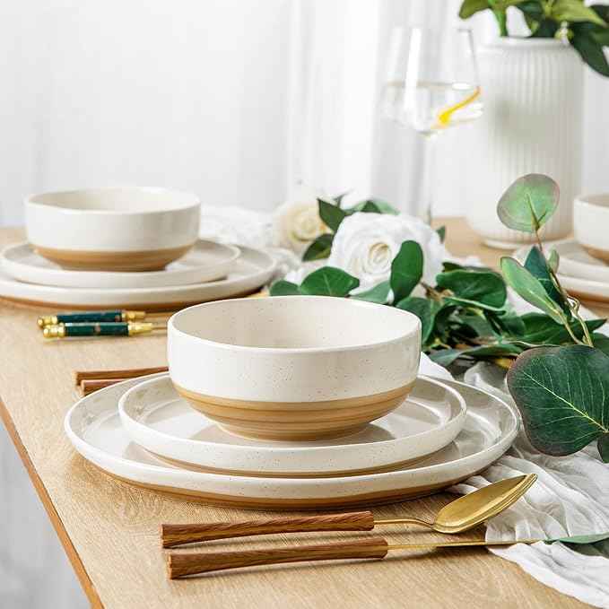 AmorArc Ceramic Dinnerware Sets for 6, 18 Pieces Handpainted Plates and Bowls Set with Rustic Terracotta Underside, Scratch Resistant Stoneware Dishes Set, Dishwasher & Microwave Safe,Light Beige
