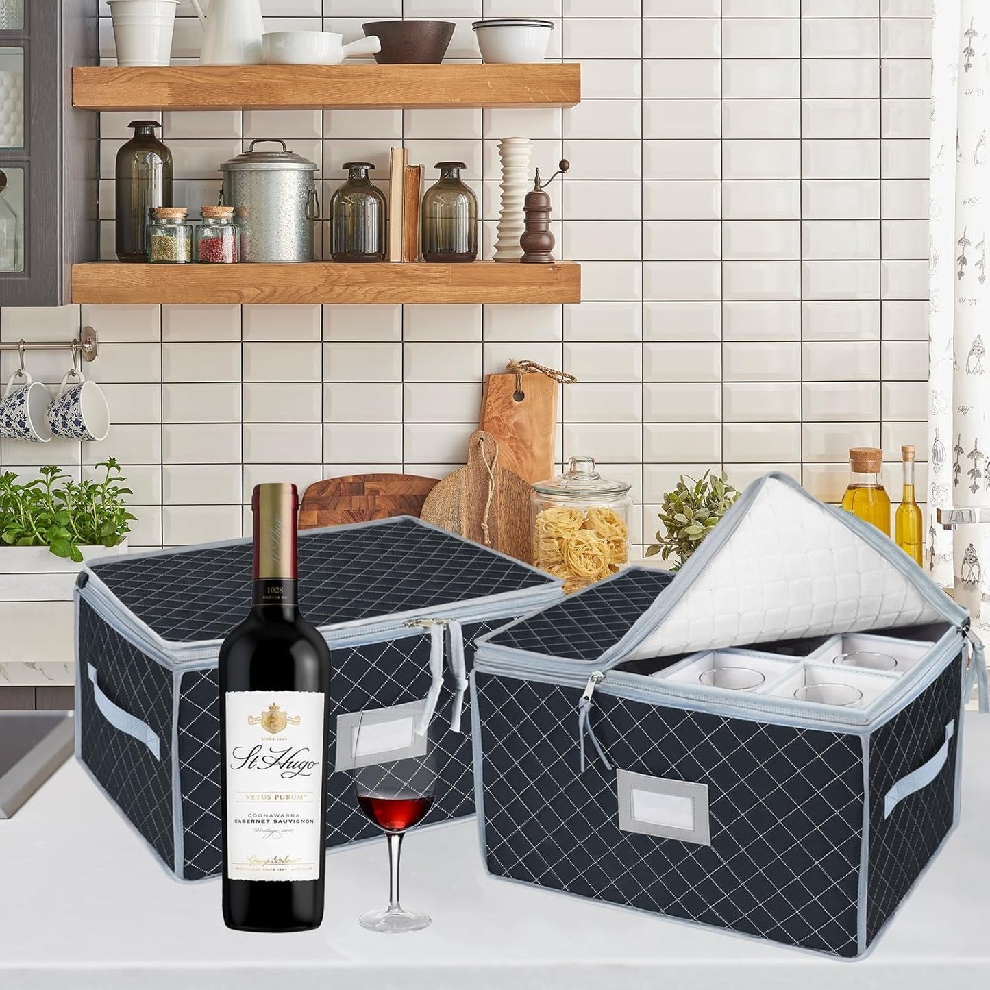 VERONLY Wine Glass Storage Box with Dividers Holds 24 Stemware Storage Cases or China Crystal Glassware Containers with Handles and Lable Window (15.5" x 12.5"x10")-Set of 2 Grey