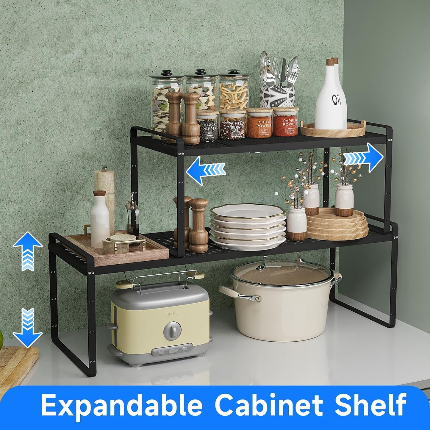 Expandable Cabinet Shelf Organizers, Kitchen Small Stand Rack Organization for Countertop Cupborad Pantry, Black 1 Pack