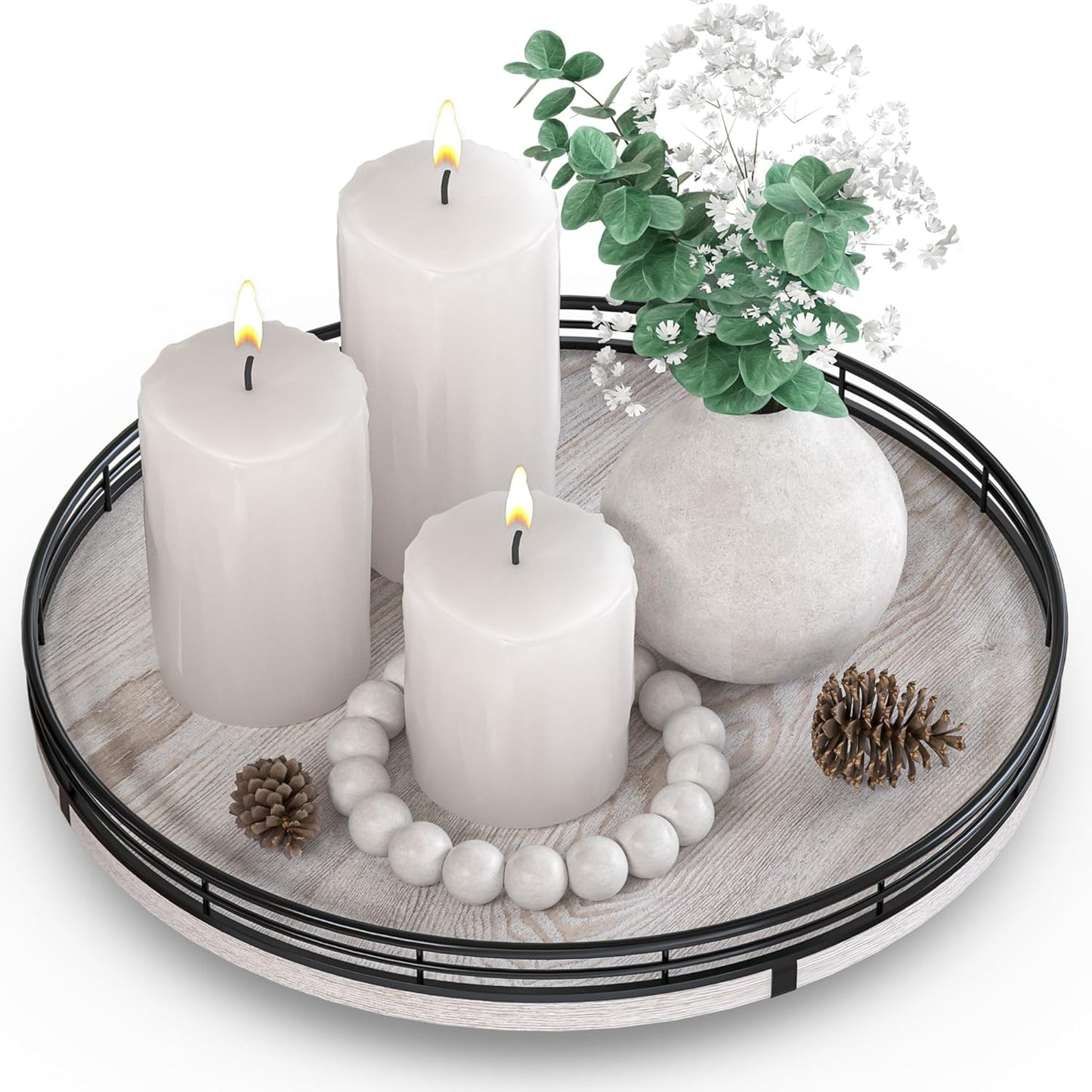 12" Farmhouse Lazy Susan for Kitchen & Coffee Table Decor – Rustic Wood Tray with Black Metal Frame, Decorative Centerpiece for Dining Room, Ottoman, Living Room, Serving or Vanity Use