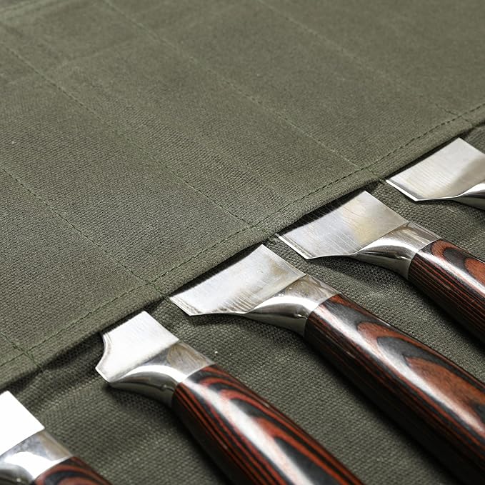 Heavy Duty Waxed Canvas Knife Roll Bag, Portable Chef Knife bag, Durable (Army Green)