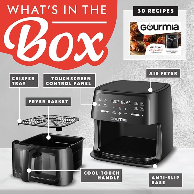 Gourmia 8 Qt Air Fryer, 8 Presets with Digital Display, FryForce 360° Technology, Easy View Window & Interior Light, Dishwasher Safe Basket, Black
