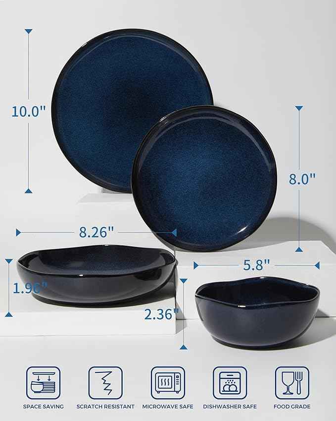 32 Piece Starry Blue Dinnerware Set with Pasta Bowls, Coastal Reactive Glaze Stoneware for 8 | Complete Serving Set for Holiday Meals, Multi‑Dish Hosting & Family Celebrations