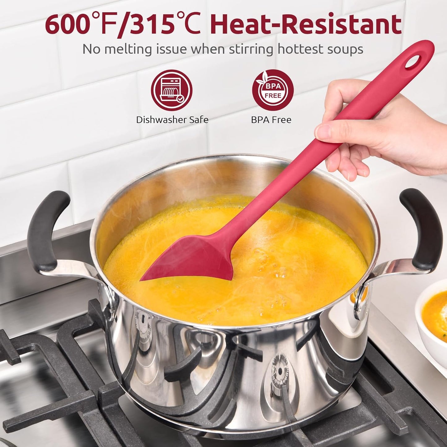 U-Taste Extra-Long 600ºF Heat Resistant Spatula Spoon: 14" Silicone Spoonula Cooking Utensils for Kitchen Use, Non-Stick Scoop Scraper with Soft Edge & Firm Core for Baking, Mixing, Serving (Red)