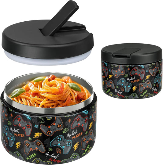 12oz Insulated Vacuum Food Jar with Buckle Lid Wide Mouth Soup Thermo for Hot Food Kids Leakproof Stainless Steel Lunch Container (Black-Game)