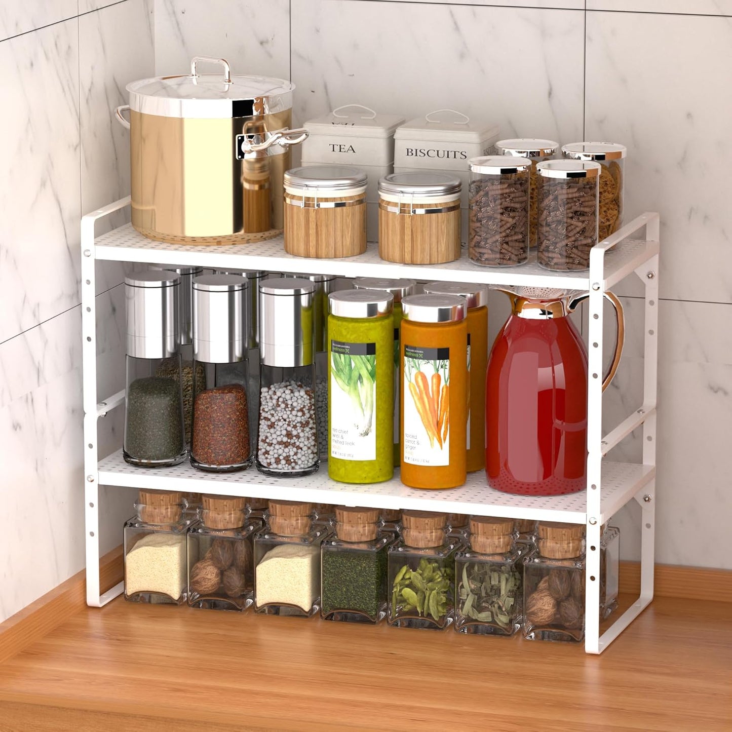 iPEGTOP Large Expandable Cabinet Storage Shelf Organizer Rack, Heavy Duty Stackable Steel Metal Spice Rack Adjustable Height Home Office Pantry Garage Shelf for Counter Kitchen, White - 1 Pack