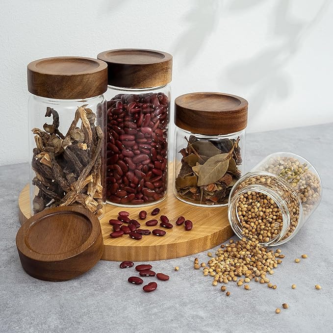 2PCS Small Glass Storage Jars with Airtight Lids, 19.3 fl oz (560ml) coffee container with Wooden Lid, Glass Pantry Canister for Beans, Rice, Sugar and etc