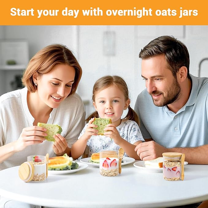 Glass Jars with Airtighr Lids - 6 Pack 6 Fl.oz Round Glass Jar with Bamboo Lid and Spoon, Includes Labels and Marker, Pantry Storage Containers for Spice, Overnight Oat, Sugar Coffee Canister