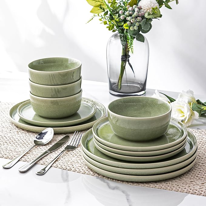 AmorArc Stoneware Dinnerware Sets,Round Reactive Glaze Ceramic Plates and Bowls Sets,Highly Scrath Resistant | Dishwasher & Microwave Safe,Service for 8 Dishes Set (24pc)