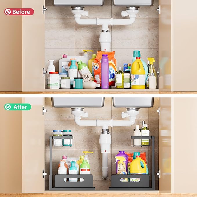 VUSIGN Under Kitchen Sink Organizer 2 Tier, Pull Out Under Sink Organizers and Storage, Bathroom Cabinet Kitchen Organization Storage Shelf, 1 Pack Black