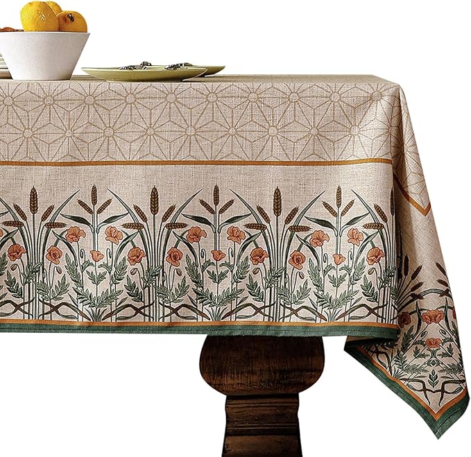 patdrea Designer French Light Brown Rectangle Table Cloth,Linen Floral Durable Breathable Tablecloth,Decorative for Kitchen Dining,Parties,Tea Party,Christmas,Thanksgiving,55"x79"-Cudillero