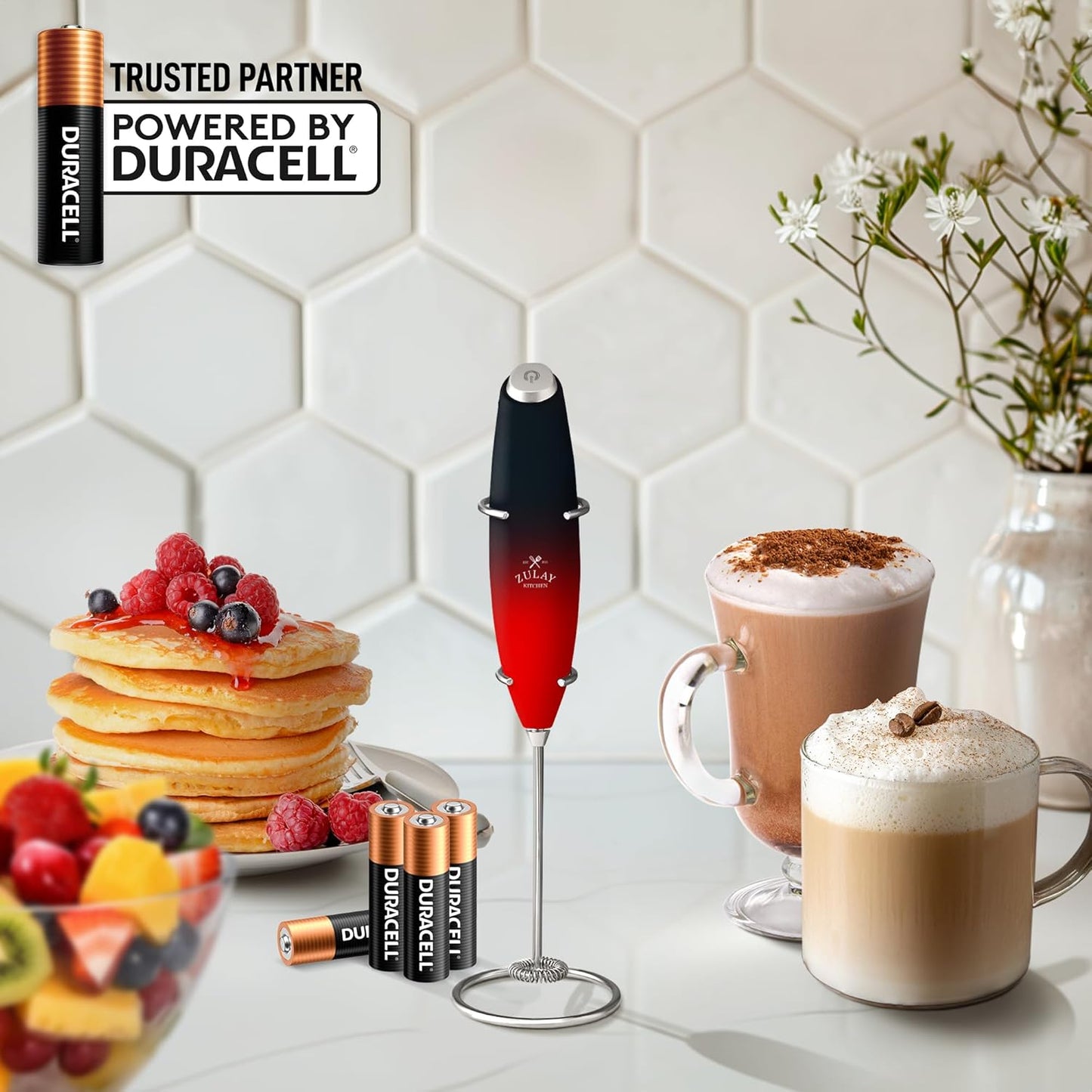 Zulay Kitchen Powerful Milk Frother Wand With 4 AA Duracell Batteries - Ultra Fast Handheld Drink Mixer - Electric Whisk Foam Maker for Coffee, Lattes, Cappuccino, Matcha & Creamer -