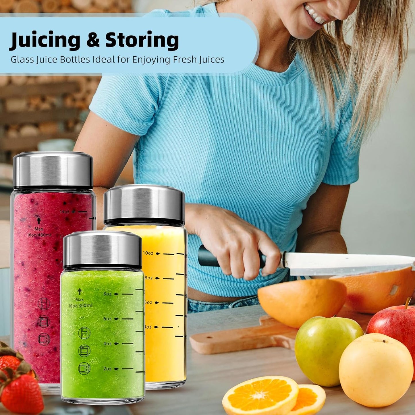 Glass Juice Bottles 6 Pack 10 oz - Wide Mouth Glass Water Bottles with Lids - Borosilicate,Stainless Steel Lids for Juicing, Smoothies, Infused Water, Beverage Storage, Leakproof, Reusable,BPA Free