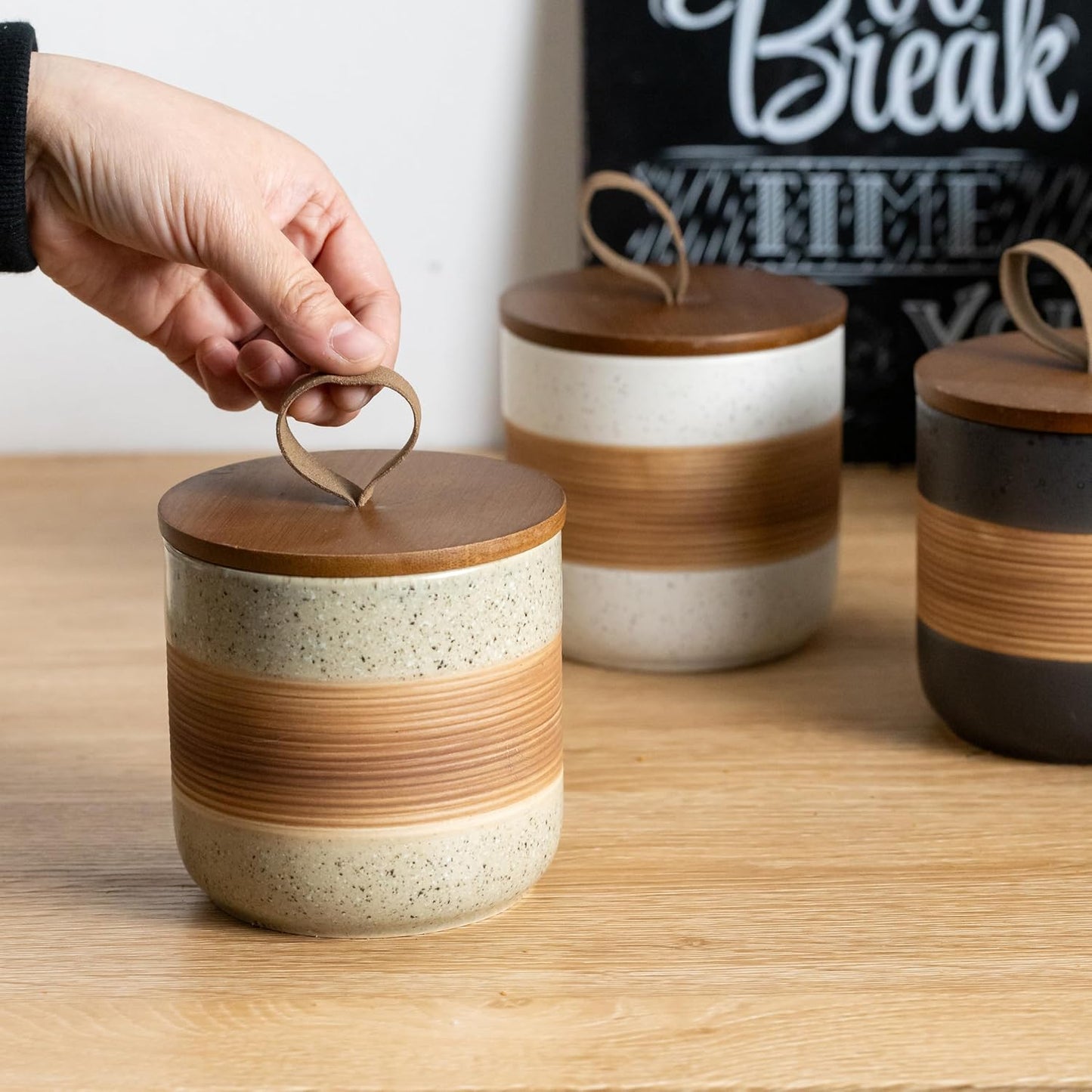 Ceramic Jar with Lid Airtight, Coffee Container Kitchen Food Storage Jars for Spice Sugar Tea Bag, Stackable Decorative Jars for Countertop, 18oz