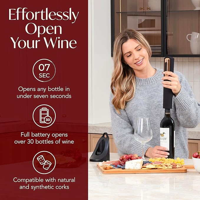 Rechargeable Electric Wine Bottle Opener - Charging Base and Foil Cutter Included with Automatic Wine Opener - Electric Corkscrew for Easy Cork Removal - Best Gift for Wine Lover (Black & Rose Gold)