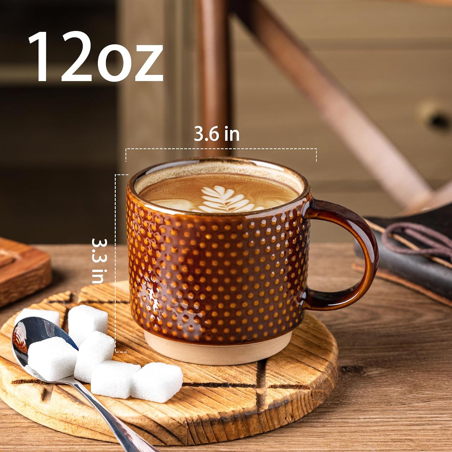 GBHOME 12 OZ Stackable Coffee Mugs, Ceramic Coffee Cups with Texture Patterns for Man,Woman,Dad,Mom, Modern Coffee Mugs Set of 4 for Latte/Cappuccino/Cocoa. Dishwasher&Microwave Safe