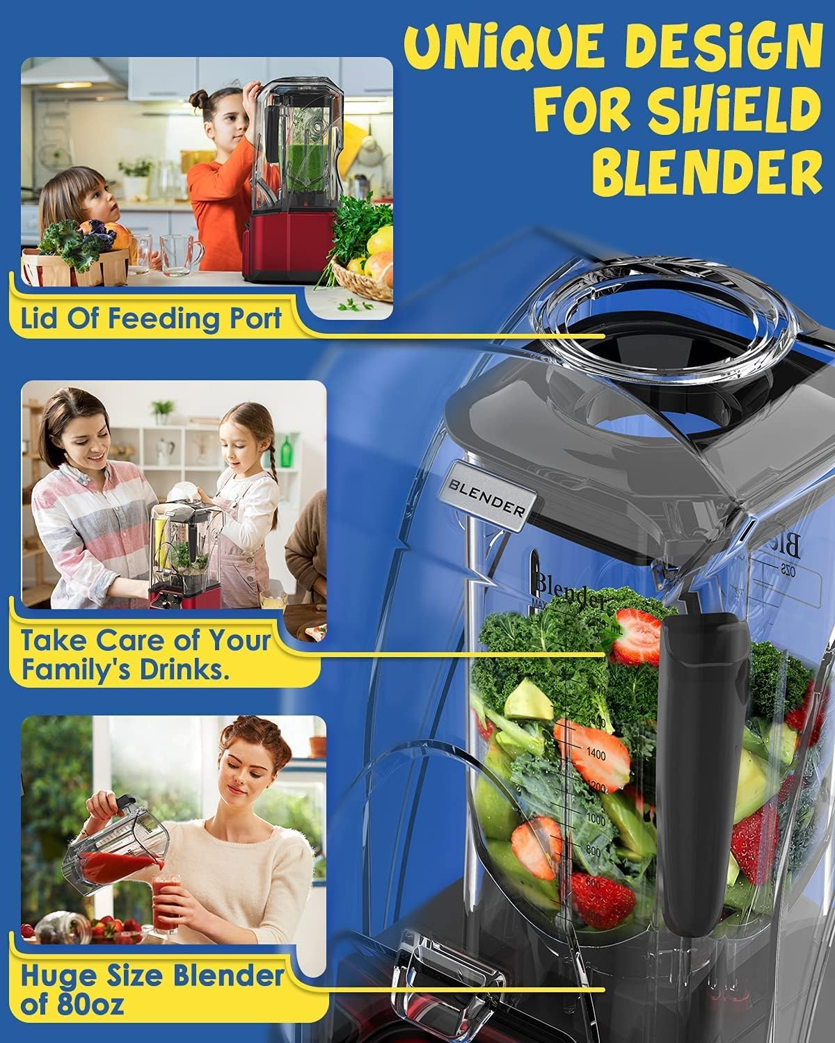 CRANDDI Quiet Commercial Blender with Soundproof Shield, 2200 Watt Professional Blenders for Kitchen with 80oz Pitcher and Self-Cleaning, High-Speed Blenders K90 Red