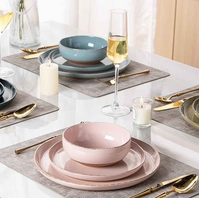 AmorArc Ceramic Dinnerware Sets for 4, 12 Pieces Handpainted Plates and Bowls Set with Rustic Terracotta Underside, Scratch Resistant Stoneware Dishes Set, Dishwasher & Microwave Safe, Multi-Color