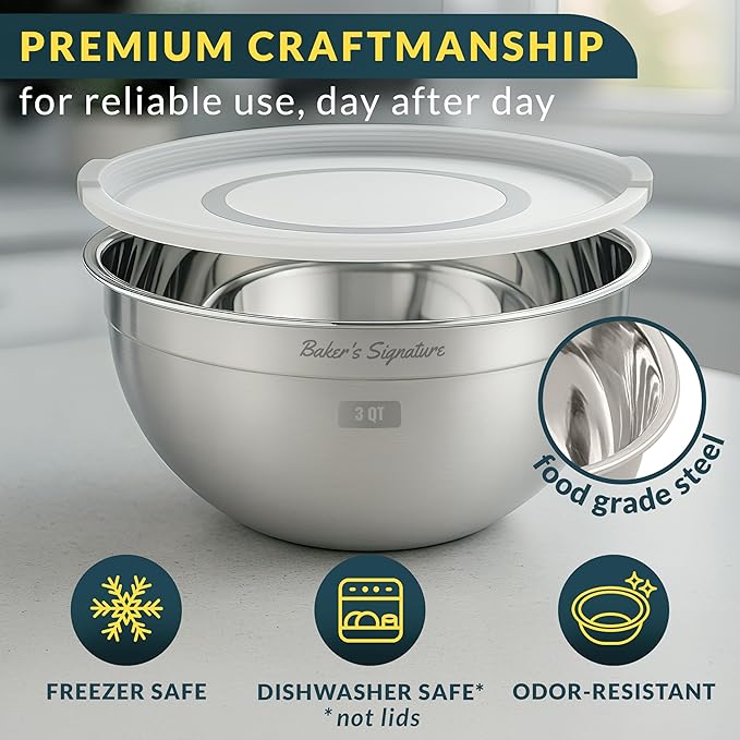 Baker's Signature Stainless Steel Mixing Bowls With Lid, Metal Mixing Bowl Set Of 3, Nesting Set For Food Prep, Baking,Storage, Cooking, Serving | Dishwasher Safe, Silver, 1.5/3/5 Qt