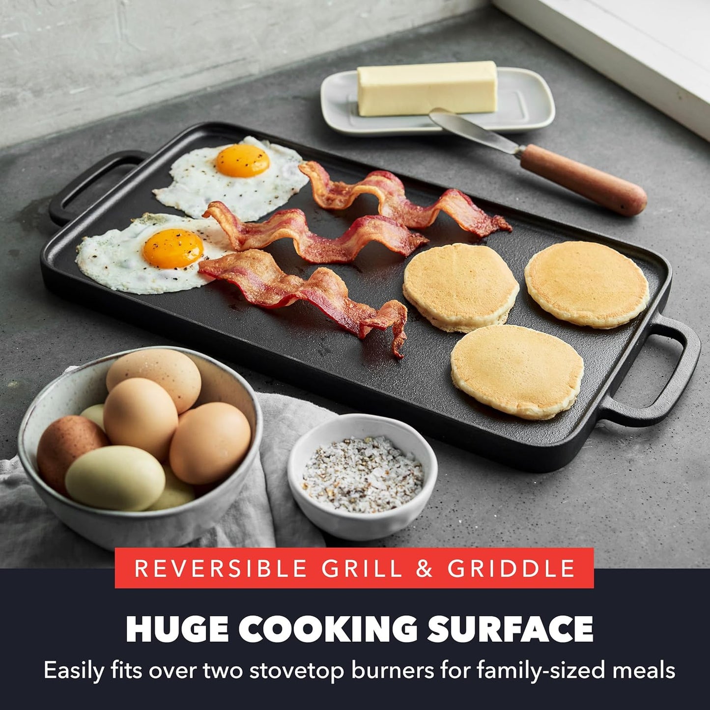 GreenPan x Bobby Flay Cast Iron Pre-Seasoned 16.5 x 9.5” Reversible Double Burner Griddle, Rectangular Grill, Helper Handles, Induction, Versatile Stovetop Oven BBQ & Fire, Indoor & Outdoor Use, Black