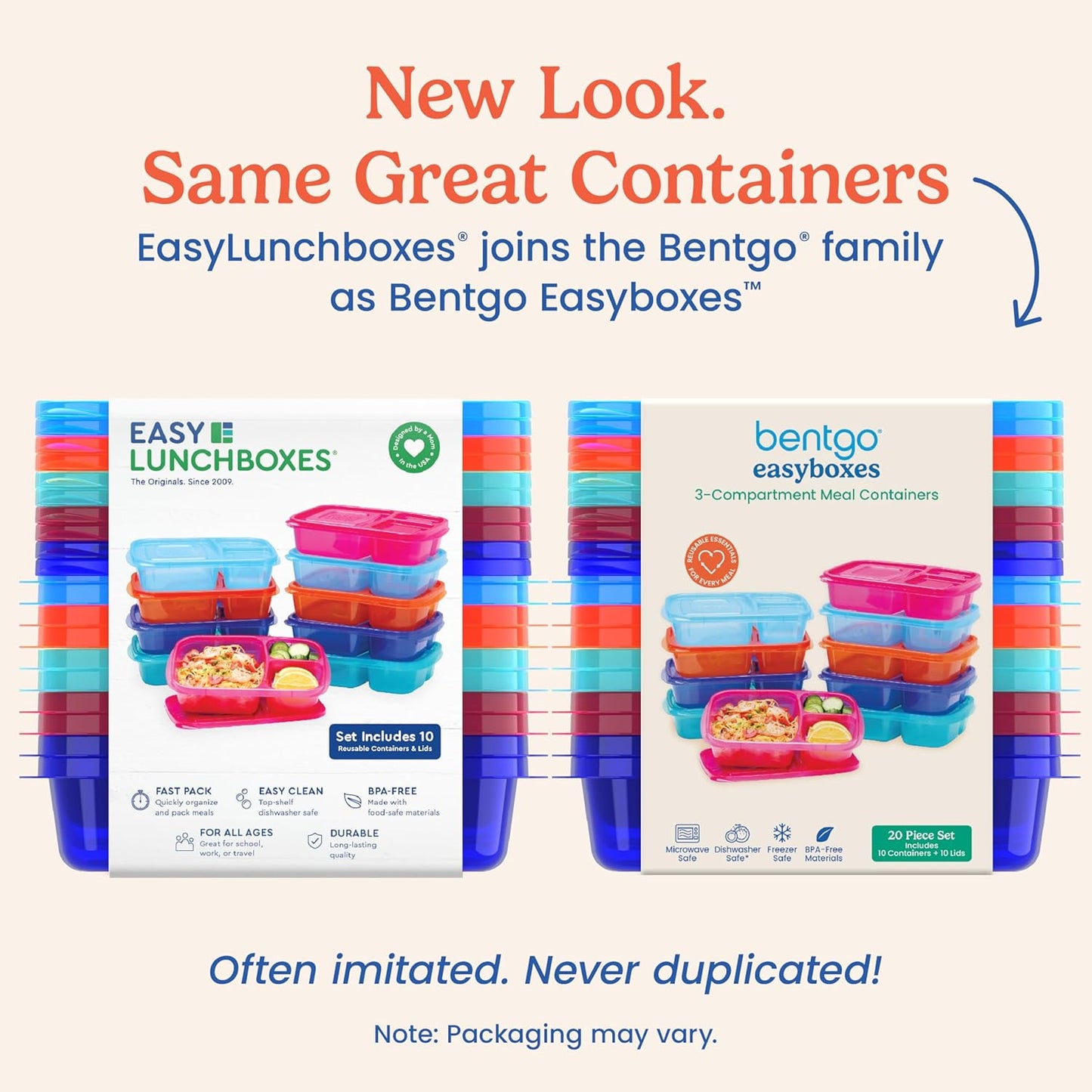 Bentgo Easyboxes - Original Stackable Lunch Boxes - Reusable 3-Compartment Food Containers for Kids and Adults - Bento Lunch Box for Meal Prep, School, & Work - BPA Free, Set of 10 (Jewel Brights)