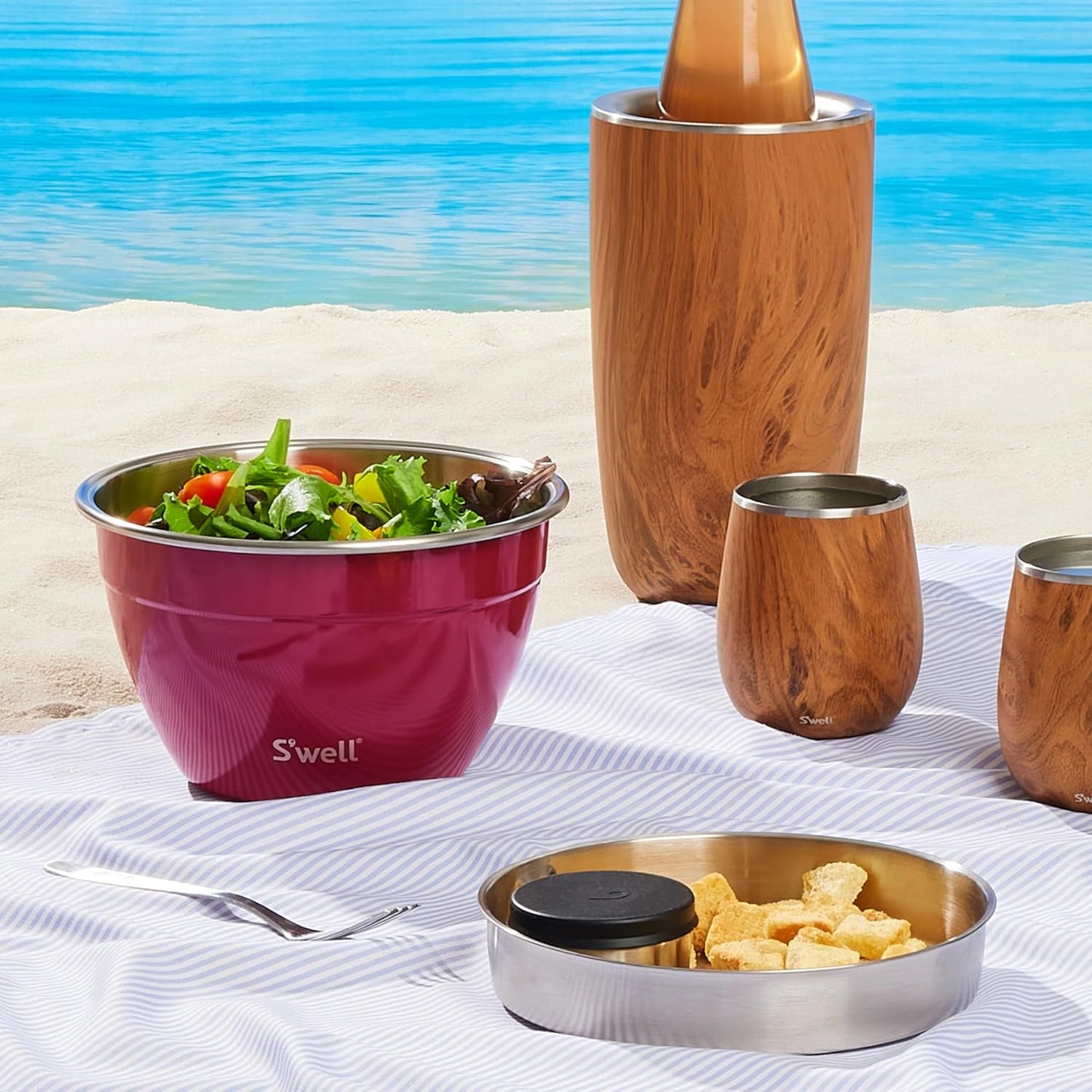S'well Stainless Steel Salad Bowl Kit 64oz, Wild Cherry, Comes with 2oz Mini Canister and Removable Tray for Organization, Leakproof, Easy to Clean, Dishwasher Safe (Pack of 8)