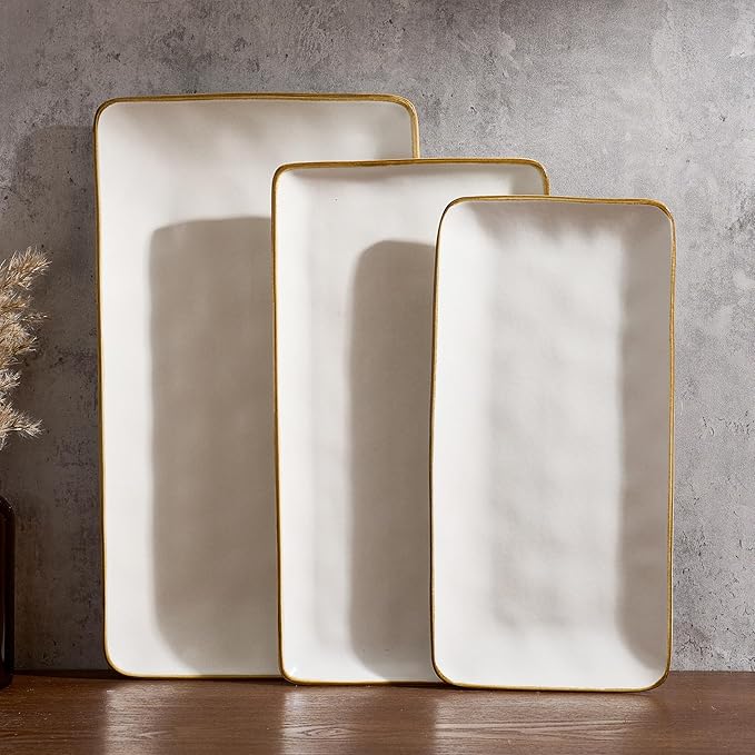 Famiware Serving Platter, Rectangular 15.67/14.1/12.6inch Serving Dishes for Entertaining, Dishwasher Safe, Stoneware Serving Trays for Party, Food, Turkey, Snack, Cheese, Reactive Glaze, Matte White