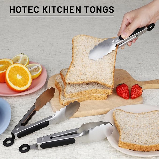 Hotec Mini Stainless Steel Kitchen Tongs for Cooking - 7-Inch Small Serving Tongs Metal Food Tongs Non-Slip Grip