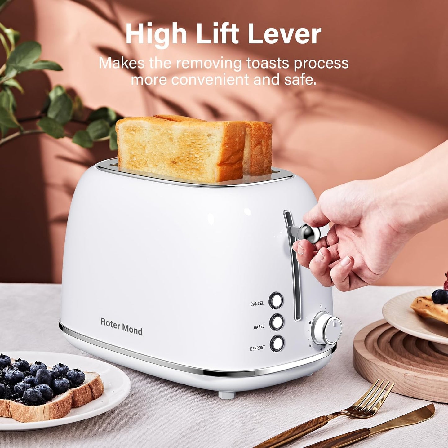 2 Slice Toaster Retro Stainless Steel with Bagel, Cancel, and Defrost Functions, 6 Bread Shade Settings, Extra Wide Slots and Removable Crumb Tray, White