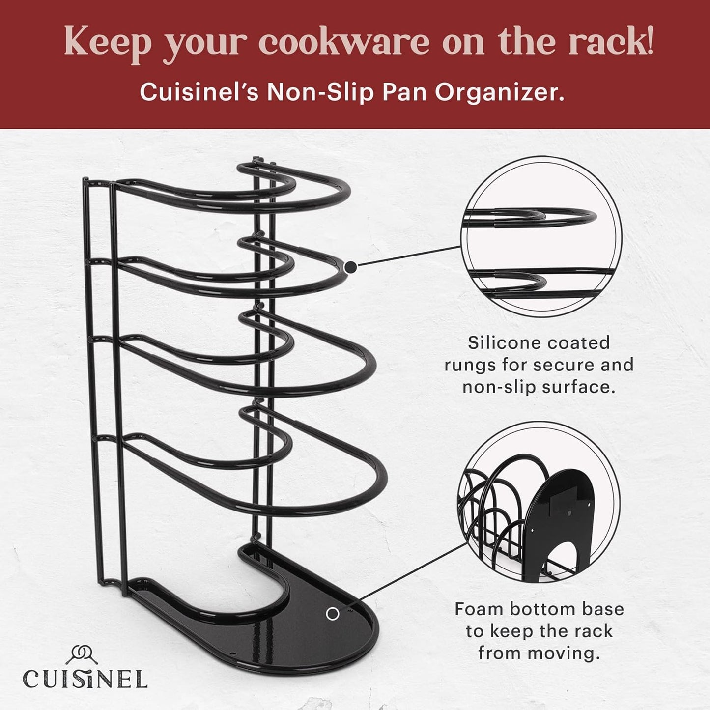 Pan Organizer - 2-PACK of Silicone-Coated Non-Slip 15" Heavy Duty Skillet Rack - Kitchen Counter/Cabinet Organization Storage - Holder for Cookie Sheet, Cutting Board, Cast Iron Cookware, Dish Stand